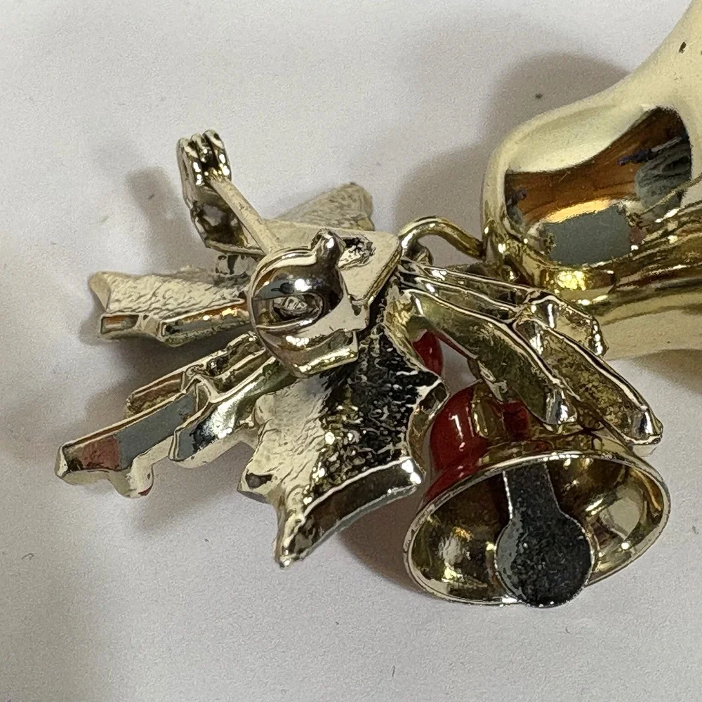Double Brass Ringing Bells Enameled Holly Brooch Pin Vintage Christmas Holiday